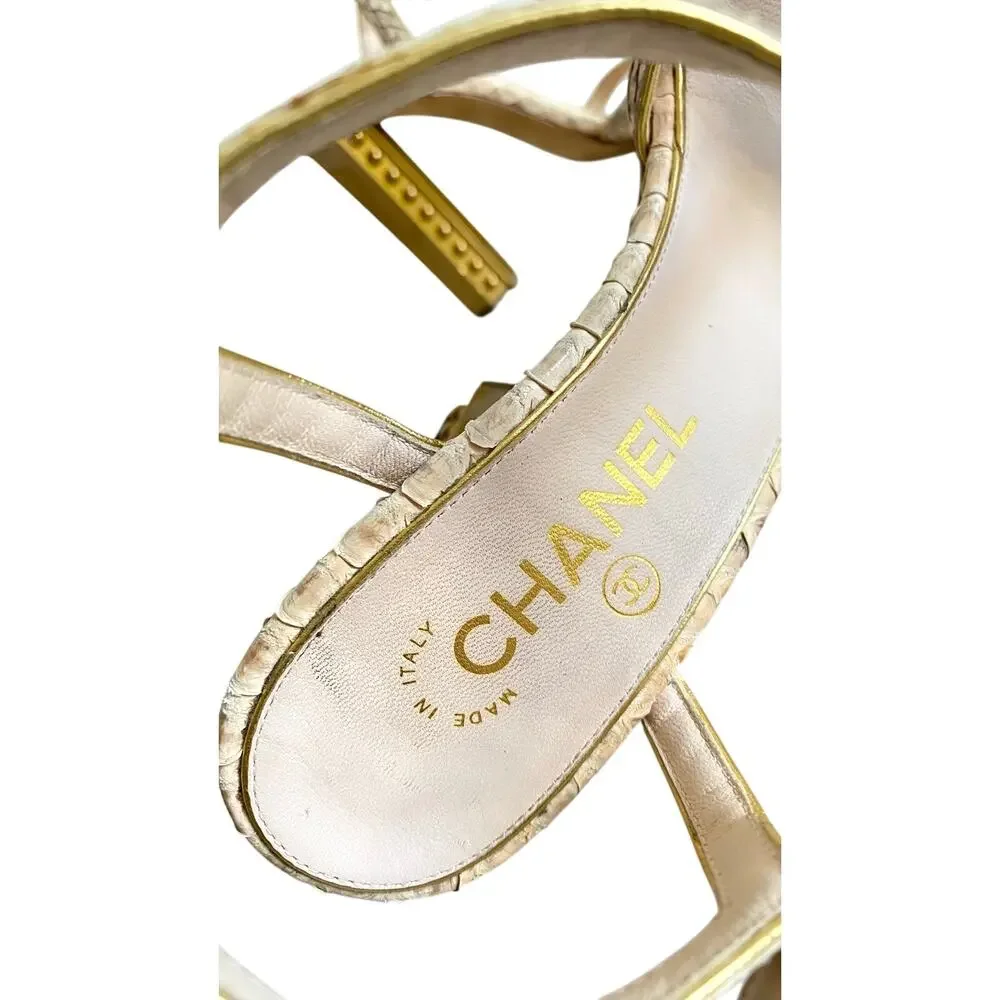 Chanel Python T-Strap Sandals 39.5 Gold Studded CC Column Heels Made in Italy